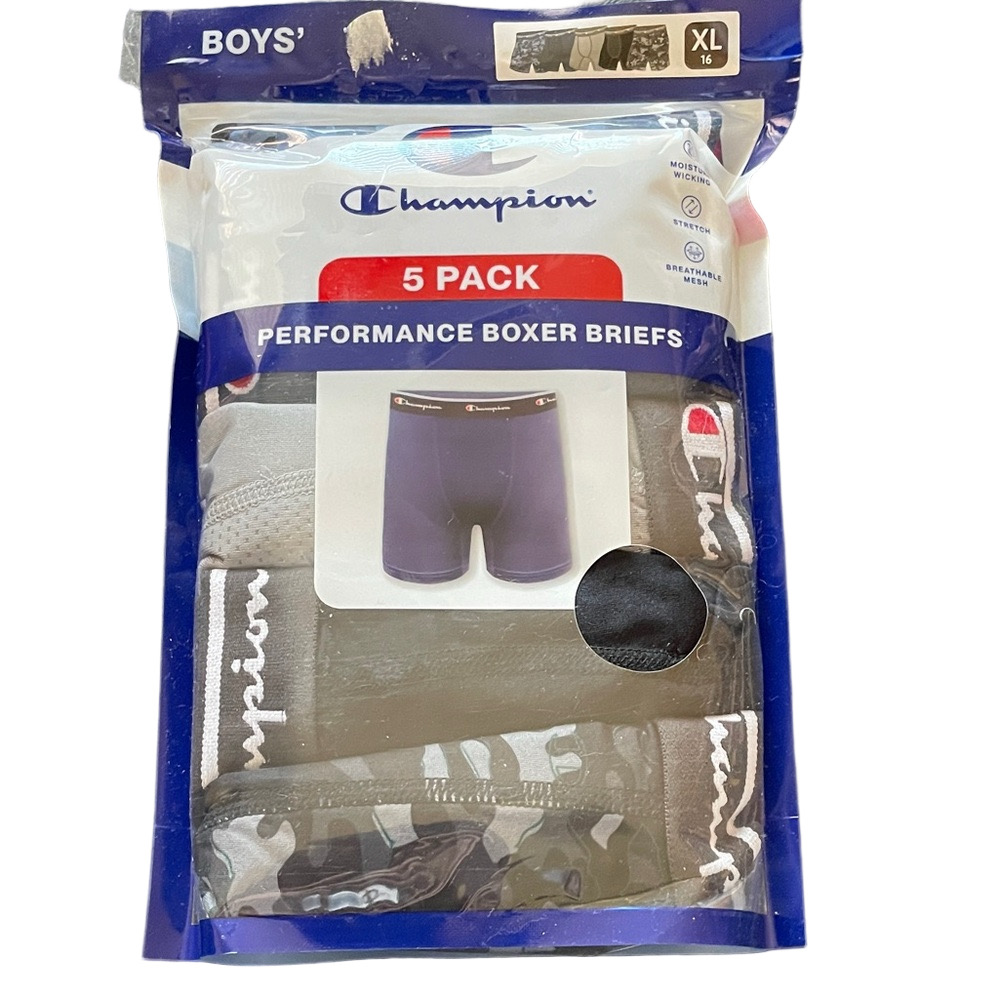 CHAMPION 5-pk Performance Boxer Briefs, Boys XL, Black Gray Red
